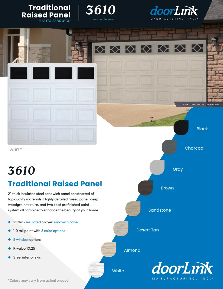 Traditional Raised Panel brochure front: door examples and available colors