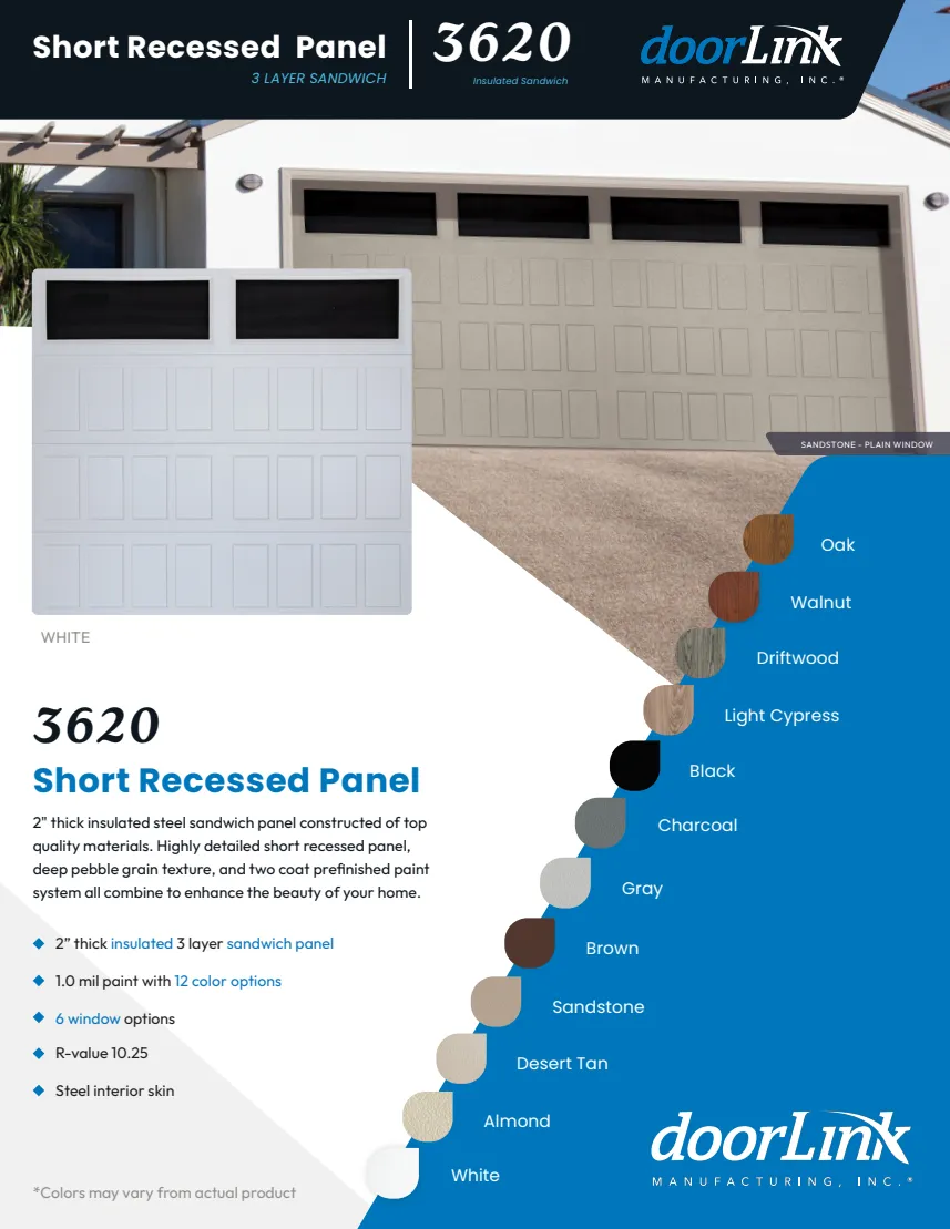 Short Recessed Panel brochure front: door examples and available colors