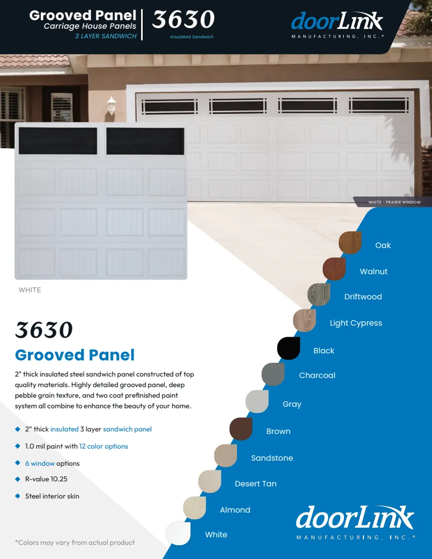 Carriage House Short Grooved brochure front: door examples and available colors