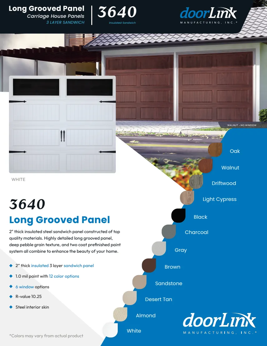 Carriage House Long Grooved brochure front: door examples and available colors