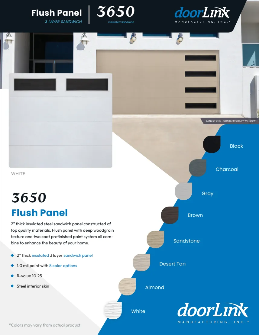 Flush Panel brochure front: door examples and available colors