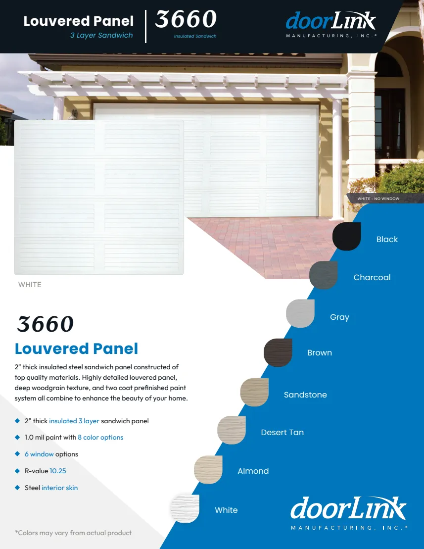 Louvered Panel brochure front: door examples and available colors
