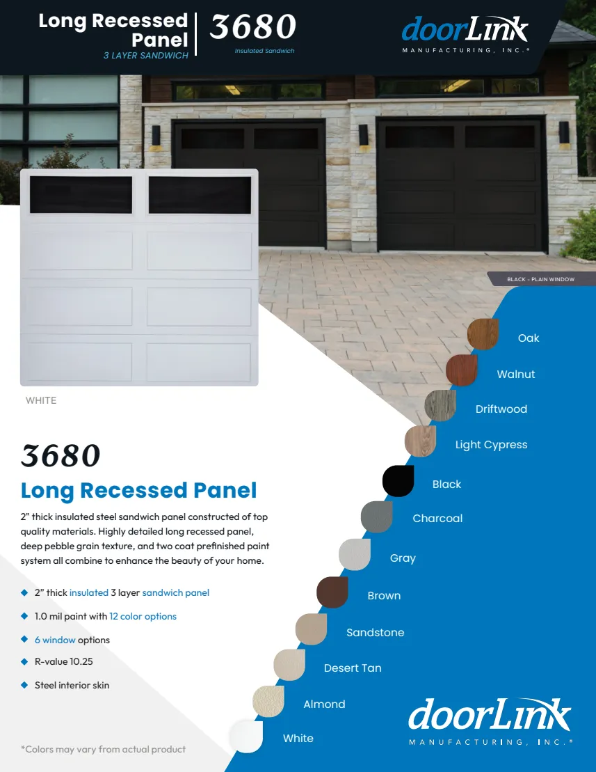 Long Recessed Panel brochure front: door examples and available colors