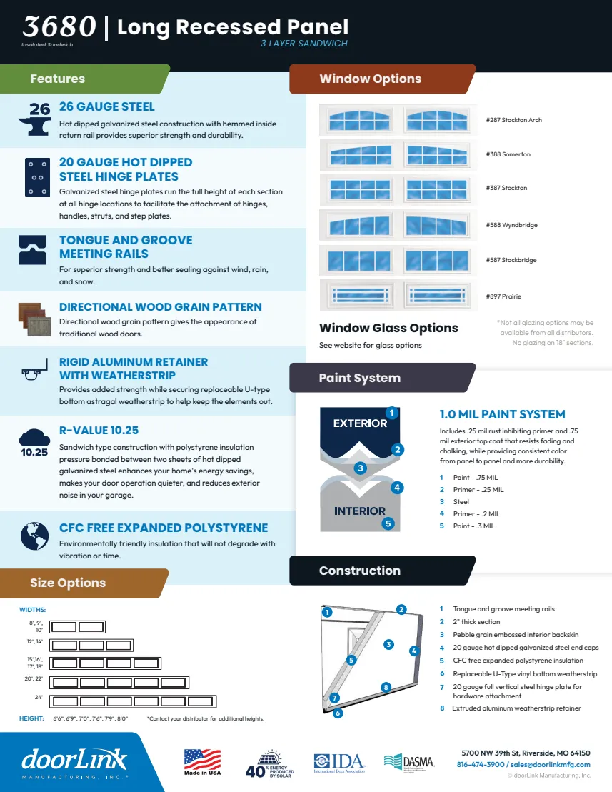 Long Recessed Panel brochure back: construction, sizes and window options