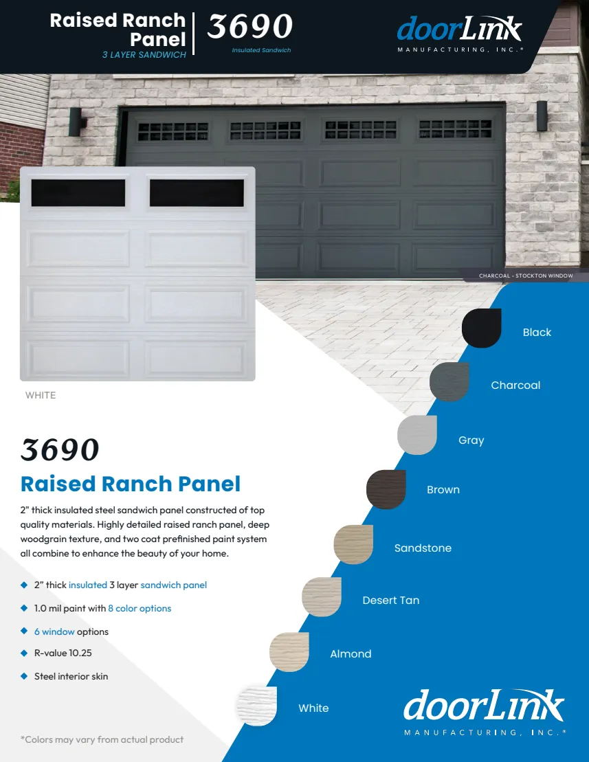 Raised Ranch Panel brochure front: door examples and available colors