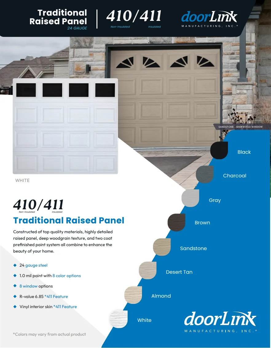 Traditional Raised Panel brochure front: door examples and available colors