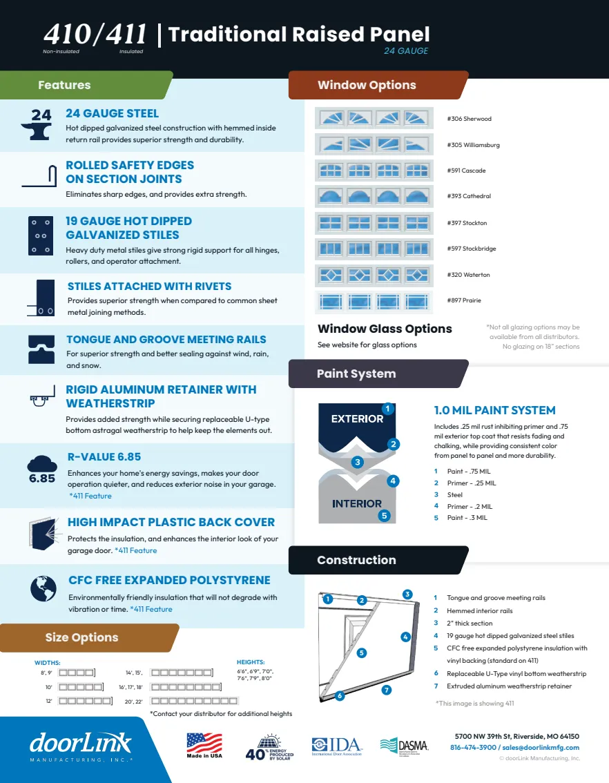 Traditional Raised Panel brochure back: construction, sizes and window options