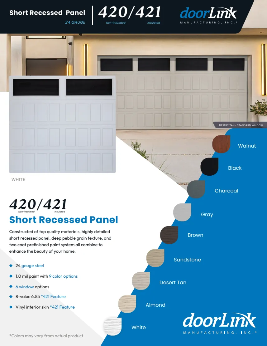 Short Recessed Panel brochure front: door examples and available colors