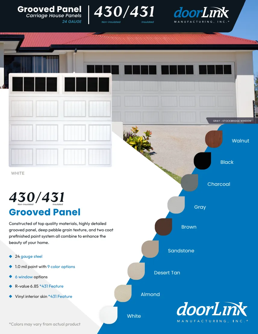 Carriage House Short Grooved brochure front: door examples and available colors