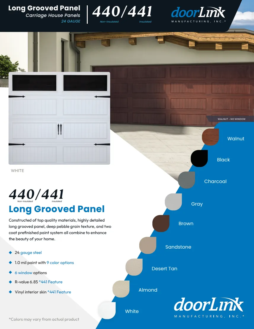 Carriage House Long Grooved brochure front: door examples and available colors