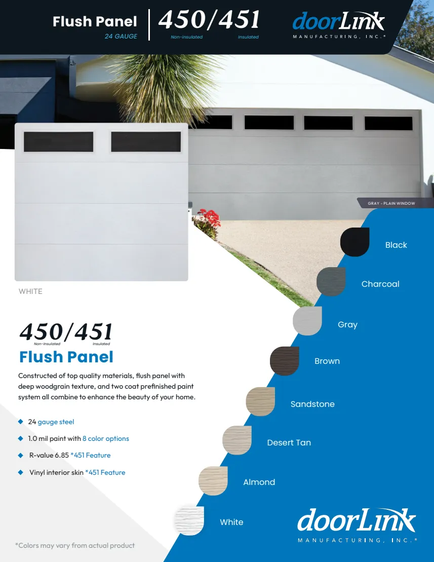 Flush Panel brochure front: door examples and available colors