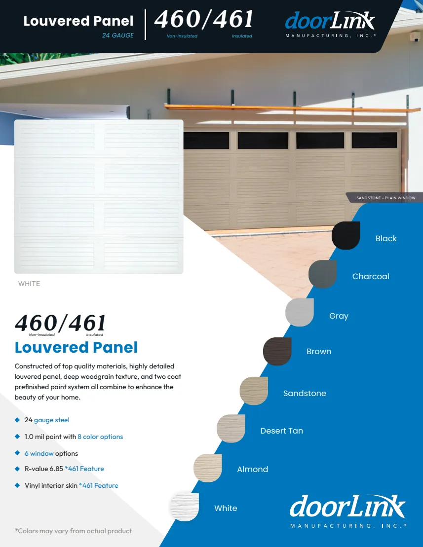Louvered Panel brochure front: door examples and available colors