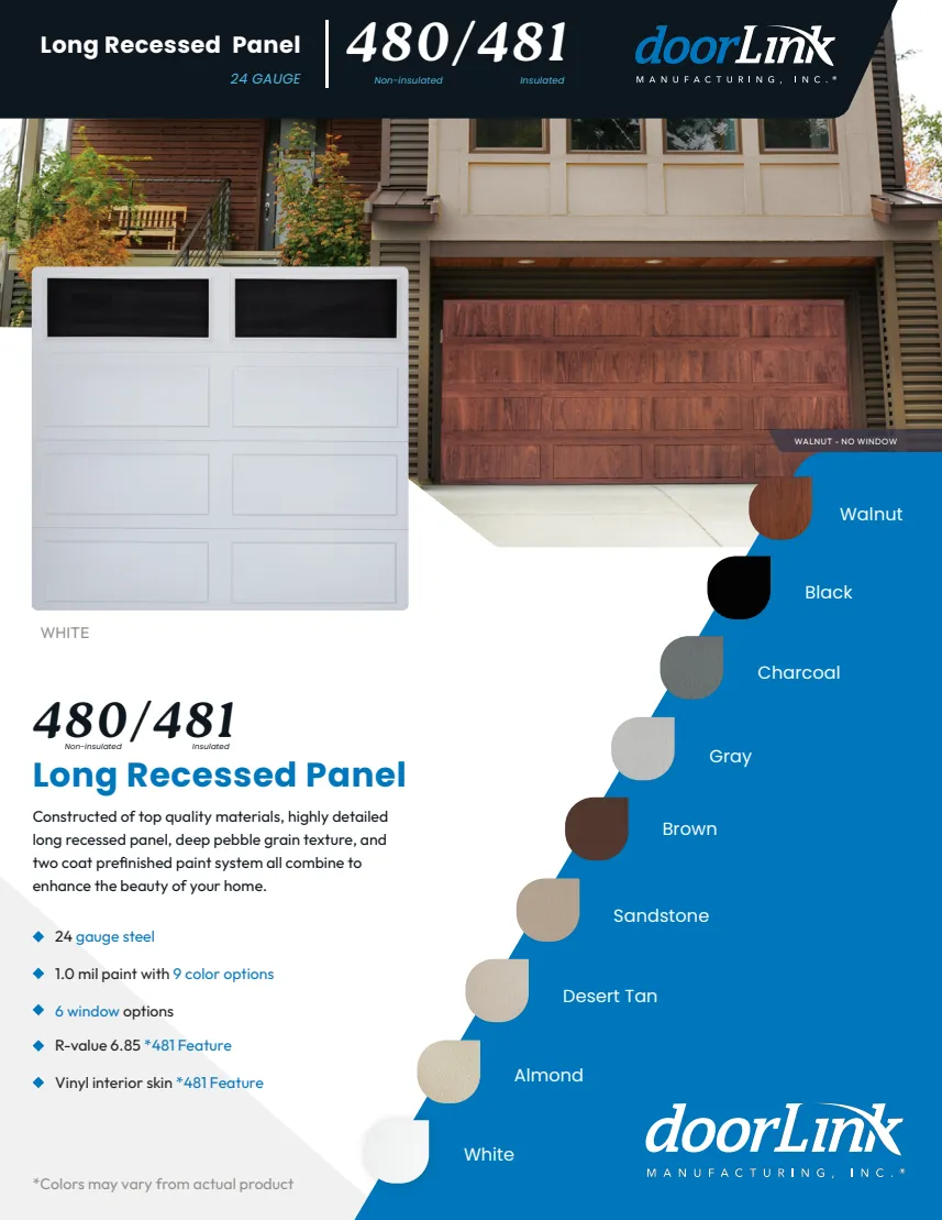 Long Recessed Panel brochure front: door examples and available colors