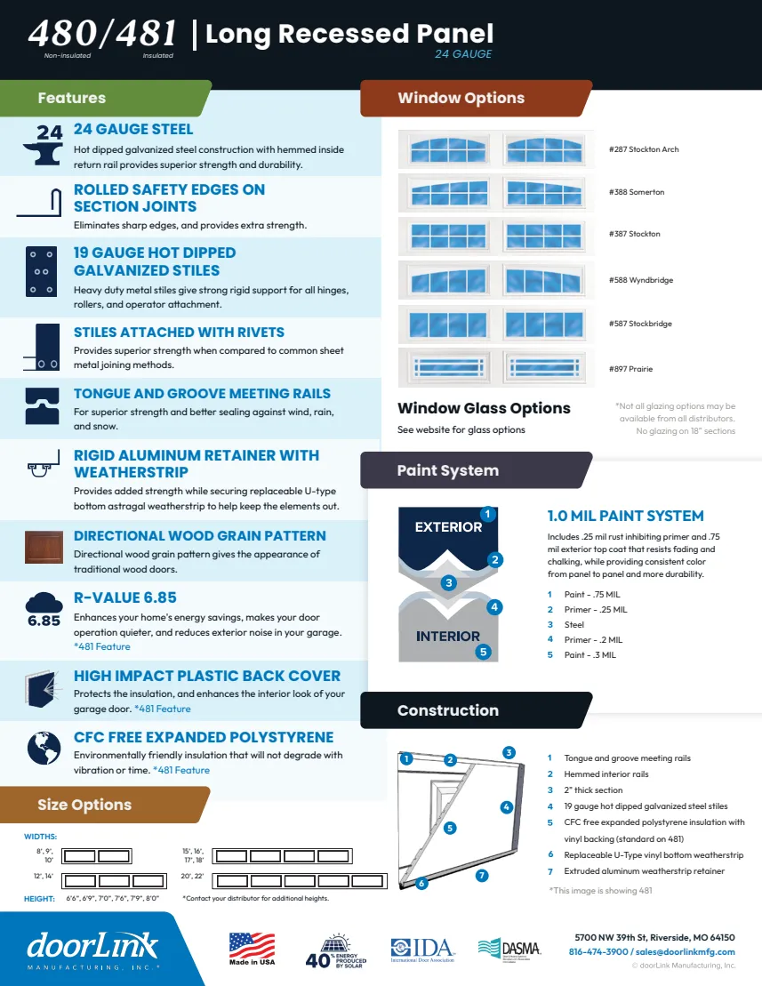 Long Recessed Panel brochure back: construction, sizes and window options