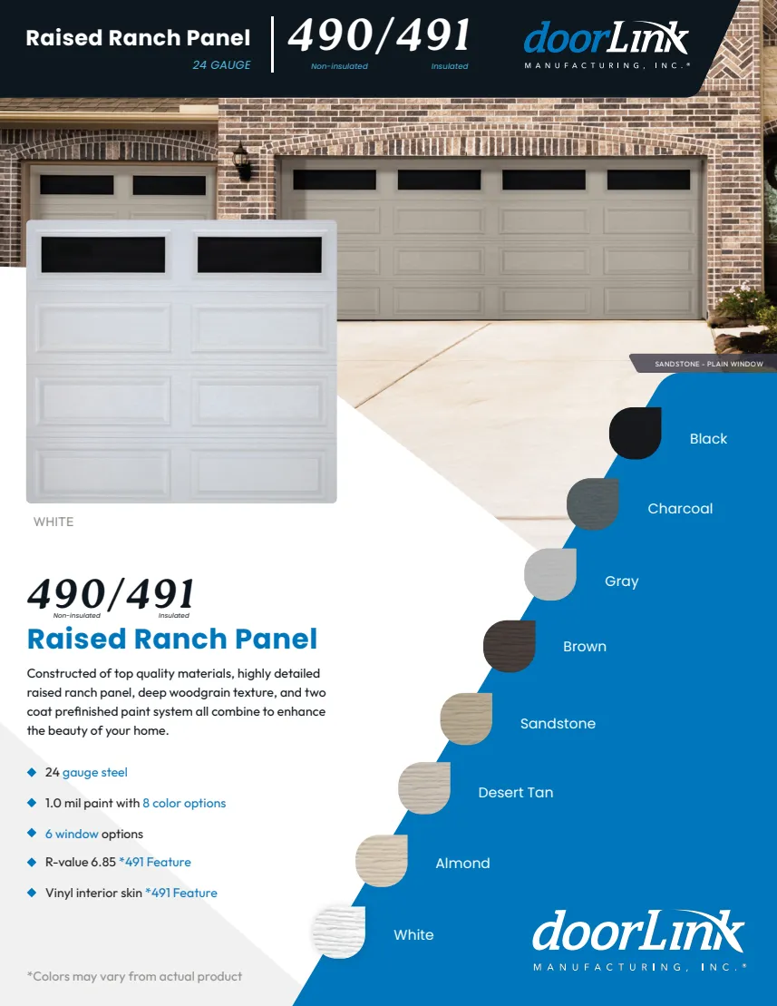 Raised Ranch Panel brochure front: door examples and available colors