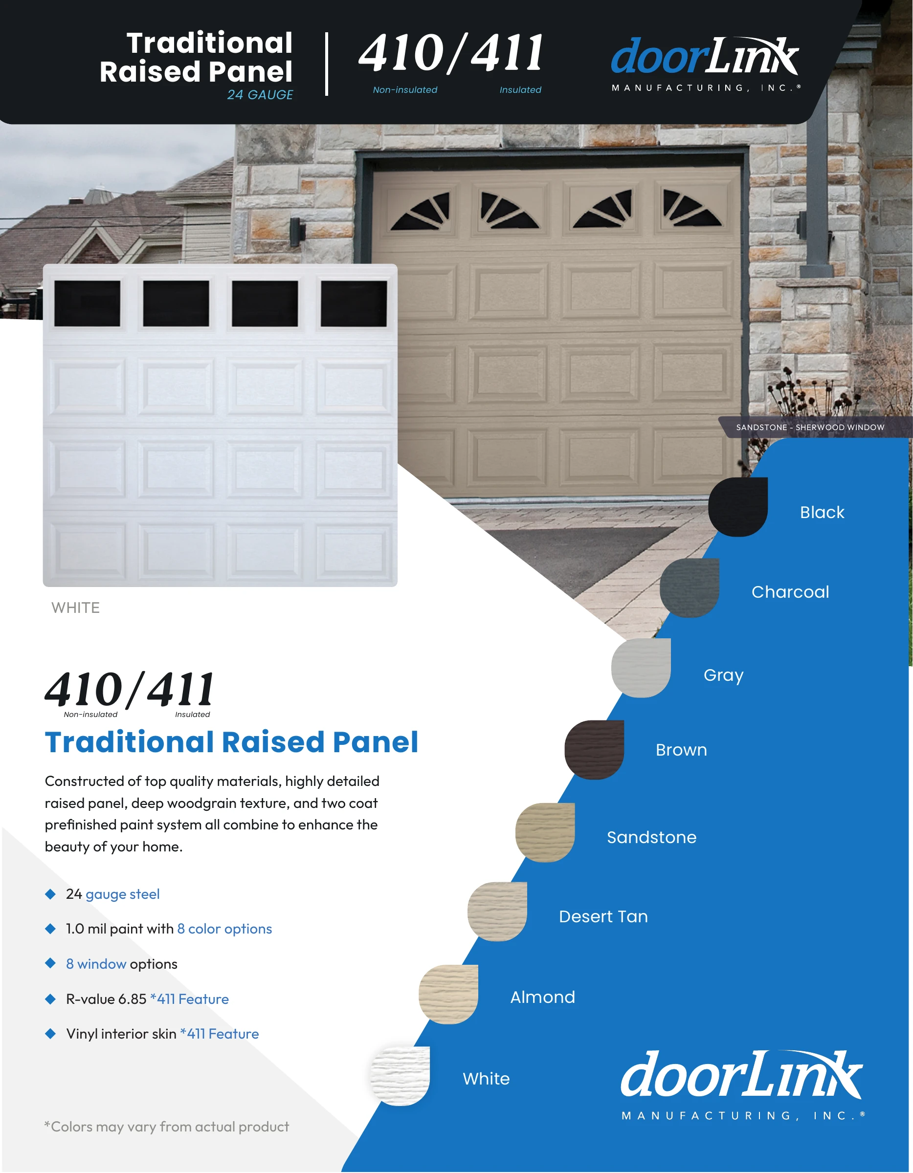 Brochure front: raised-panel door examples and eight colors